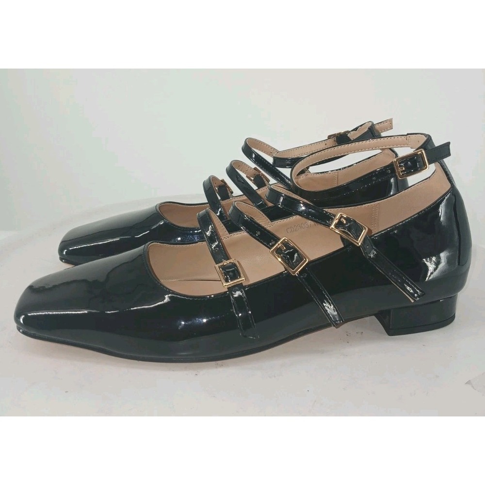 Mary Janes Black Patent Leather Shoes Gold Buckles Ankle Strap SZ 44/10.5 US DB4